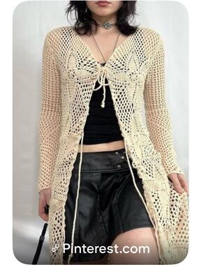 Say What? Cream Ramie and Cotton Crochet Open-Knit Cardigan Size Medium